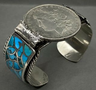 Rare Vintage Navajo Sterling Silver Turquoise Inlay Cuff Bracelet 95 Grams