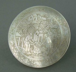 Antique Chinese Mother Of Pearl Mop Gaming Token Counter Village Scene Chicken