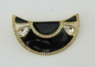 Vintage Gold Tone Brooch Pin Monet Black Enamel Cat Clear Rhinestones