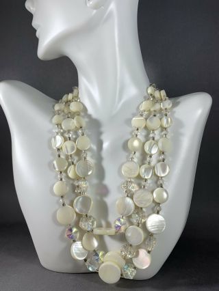 Vintage White Mother Of Pearl Shell Necklace Multi - Strand 17 Inch