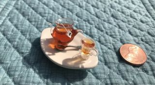 Vintage Dollhouse Miniature Tray With Poly Resin Teapot With Teabag & Cup Cute