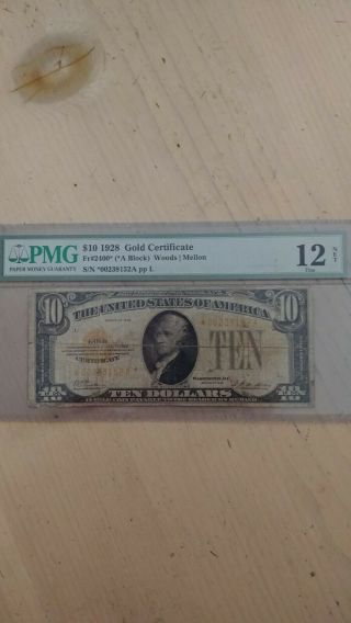 $10 1928 Gold Certificate (star) Note Fr 2400 (a Block) Pmg 12 Fine.  Rare
