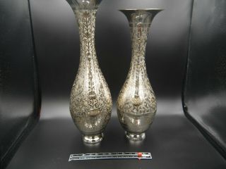 Two Vases Silver Plated Hand Engraved 30&27 Cm High 9 Cm Diameter - Very Rare