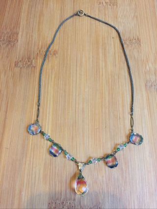 Rare Antique Art Deco Vintage Iris Rainbow Aurora Crystal Fringe Drop Necklace