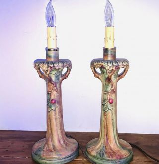 Rare Antique Weller Pottery Woodcraft Electric Candles Candlesticks 14”h