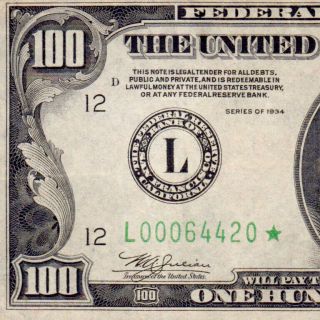 Rare Star Note 1934 $100 One Hundred Dollar Bill Frn 500 1000 Fr.  2152l 64420