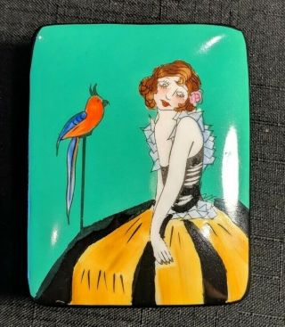 Noritake Art Deco Lady And Parrot Compact Powder Jar Puff Box Rare Square Shape