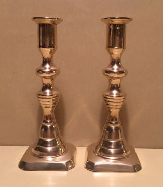 Pair Antique Victorian Square Based Brass Diamond & Beehive Candlesticks 15.  5 Cm
