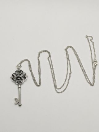 Silver Tone Antique Style Black Rhinestone Open Skeleton Key Necklace