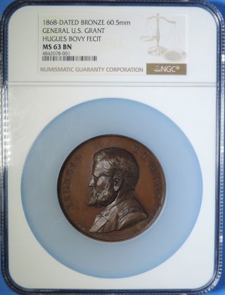 Rare 1868 General U.  S.  Grant Hugues Bovy Fecit Bronze 60.  5mm Medal Ngc Ms63