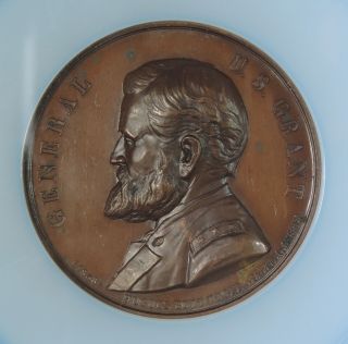 Rare 1868 General U.  S.  Grant Hugues Bovy Fecit Bronze 60.  5mm Medal NGC MS63 3