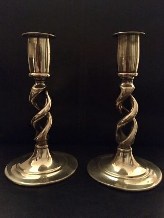Pair Antique Brass Candlesticks Open Barley Twist Spiral 6 " Tall Edwardian