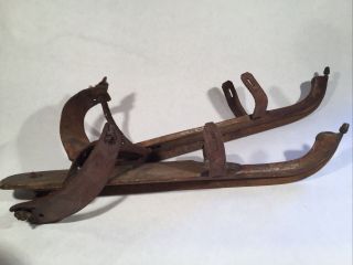 Antique Ice Skates Wood Leather With Brass Acorn Finial To Front Large Size