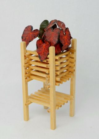 Vintage Wooden Plant Stand W Red House Pant Artisan Dollhouse Miniature 1:12