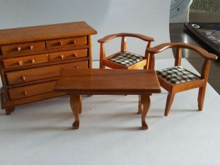 Vintage Doll House Furniture: Dining Table,  2 Arm Chairs & Dresser/buffet
