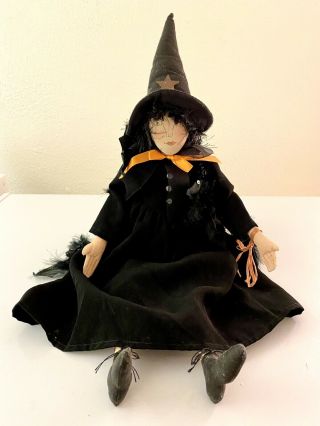 Vintage Halloween Witch Doll Figurine Decoration Feathers Autumn October Spooky