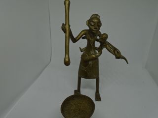Vintage Benin Bronze Lady With Child Pounding Maze,  Very Fine Casting