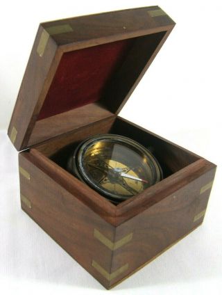Vintage Brass Nautical Gimbal Compass In Wood Box Vg Marine Maritime Navigation