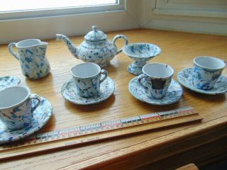 RARE Antique graniteware child ' s tea set - end of day,  4 c/s,  creamer,  teapot, 2