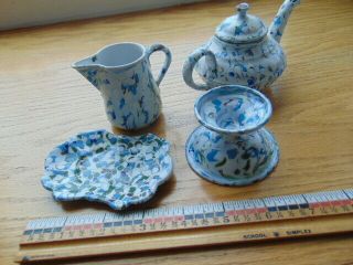 RARE Antique graniteware child ' s tea set - end of day,  4 c/s,  creamer,  teapot, 3