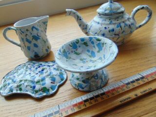 RARE Antique graniteware child ' s tea set - end of day,  4 c/s,  creamer,  teapot, 4