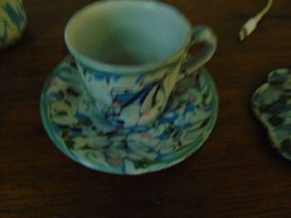 RARE Antique graniteware child ' s tea set - end of day,  4 c/s,  creamer,  teapot, 6