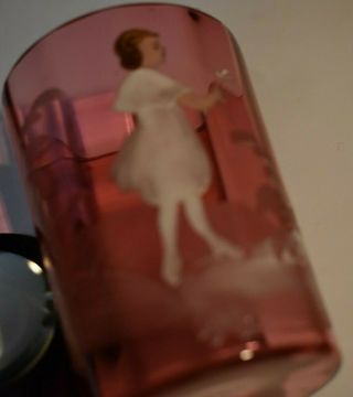 Vintage Rose Colored Hand Painted Girl With Flower On Small Drinking Glass.  Rare