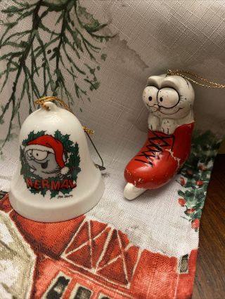Vintage Rare Porcelain Garfield Friend Nermal Enesco Christmas Ornament & Bell
