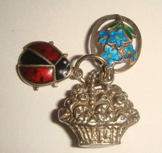Lovely Vintage Antique Silver Enamelled Forget Me Not Flowers,  Ladybird Charm