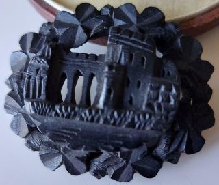 C1890 Antique Victorian Mourning Carved Whitby Jet Whitby Abbey Unmounted Brooch