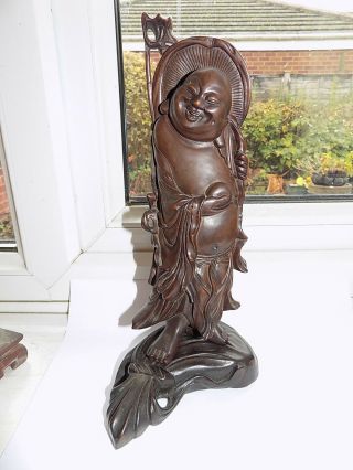 Good Antique Chinese Hand Carved Wooden Figure Of Hotei With Stand 27 Cm Tall