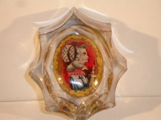 2Rare Antique Georgian Bohemian Reverse Glass PaInted Wedding Portrait SaltDish 3