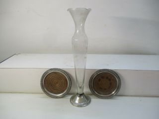 Vintage Sterling Silver Base Etched Glass Vase And 2 Sterling Coasters