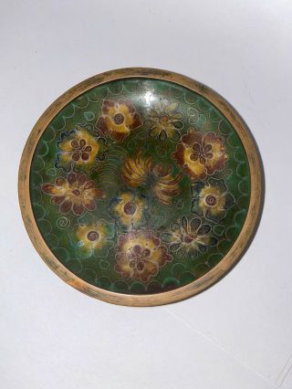 Antique Chinese Cloisonne Enamel Floral Dish Dogwood Flower Brass Bowl Vintage