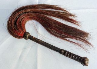 Antique African Fly Whisk Vintage Plated Leather Hide Horse Hair Whip Swat