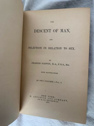 “The Descent Of Man” by Charles Darwin.  First American Edition,  1871 print,  RARE 4