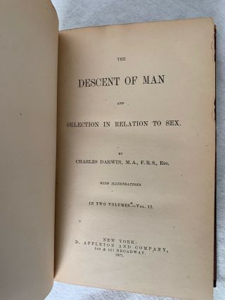 “The Descent Of Man” by Charles Darwin.  First American Edition,  1871 print,  RARE 6