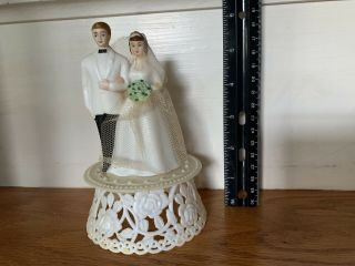 Vintage Wedding Cake Topper White Jacket Groom & Bride With Bouquet & Base