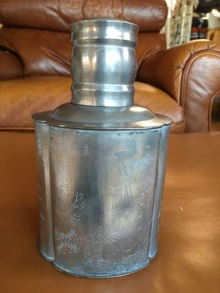 Vintage Chinese Pewter Tea Caddy Etched Signed People And Landscaping