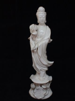 Chinese Blanc De Chine Porcelain Figure Of Guanyin With Lotus Republic.  Marked