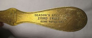 Antique Brass Letter Opener Season ' s Greetings ZISKO FRUIT CO.  Cedar Rapids Iowa 2