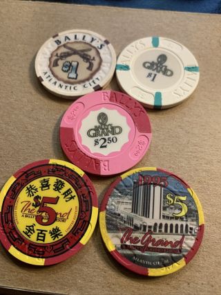 (5) Bally’s Grand Atlantic City $1 $2.  50 & $5 Rare Casino Chips