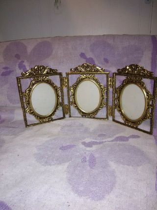 Vintage Triple Tri - Fold Picture Frame Shabby Ornate Gold Tone Filigree