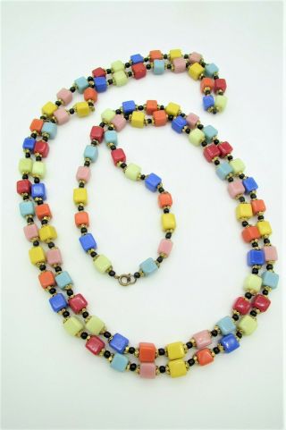 Vtg Colorful 55 " Long Necklace W/opaque Glass Cube Beads And Gold Tone Caps