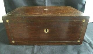 Antique Victorian Wood Oak Veneer Box Mother Of Pearl Sewing Jewellery With Key