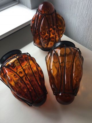 Vintage Caged Blown Art Glass Pendant Light Shade Amber Bubble Glass Retro