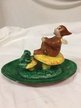 Vintage 1940s Rosamond Brook Ceramic Fairy & Frog On Toadstools Rare Pixie