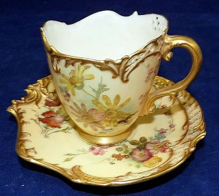 Rare Antique Royal Worcester Rd No 1868 Tea Cup & Saucer Floral Blush Gold Ivory
