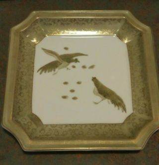 Vintage Elegant Hand Painted Green,  White,  And Gold Square Porcelain Plate 919