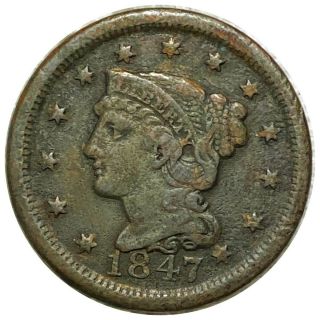 1847 Braided Hair Large Cent,  Rare Hard To Find 1c Copper Must Have Coin No Res